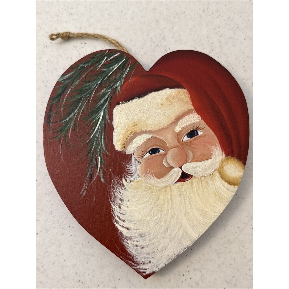 Vintage Christmas Heart Wooden Happy Holidays Handpainted Santa Wall Sign Plaque